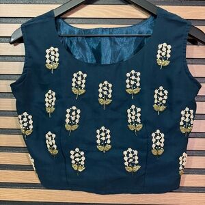 Navy Beaded Floral Crop Top